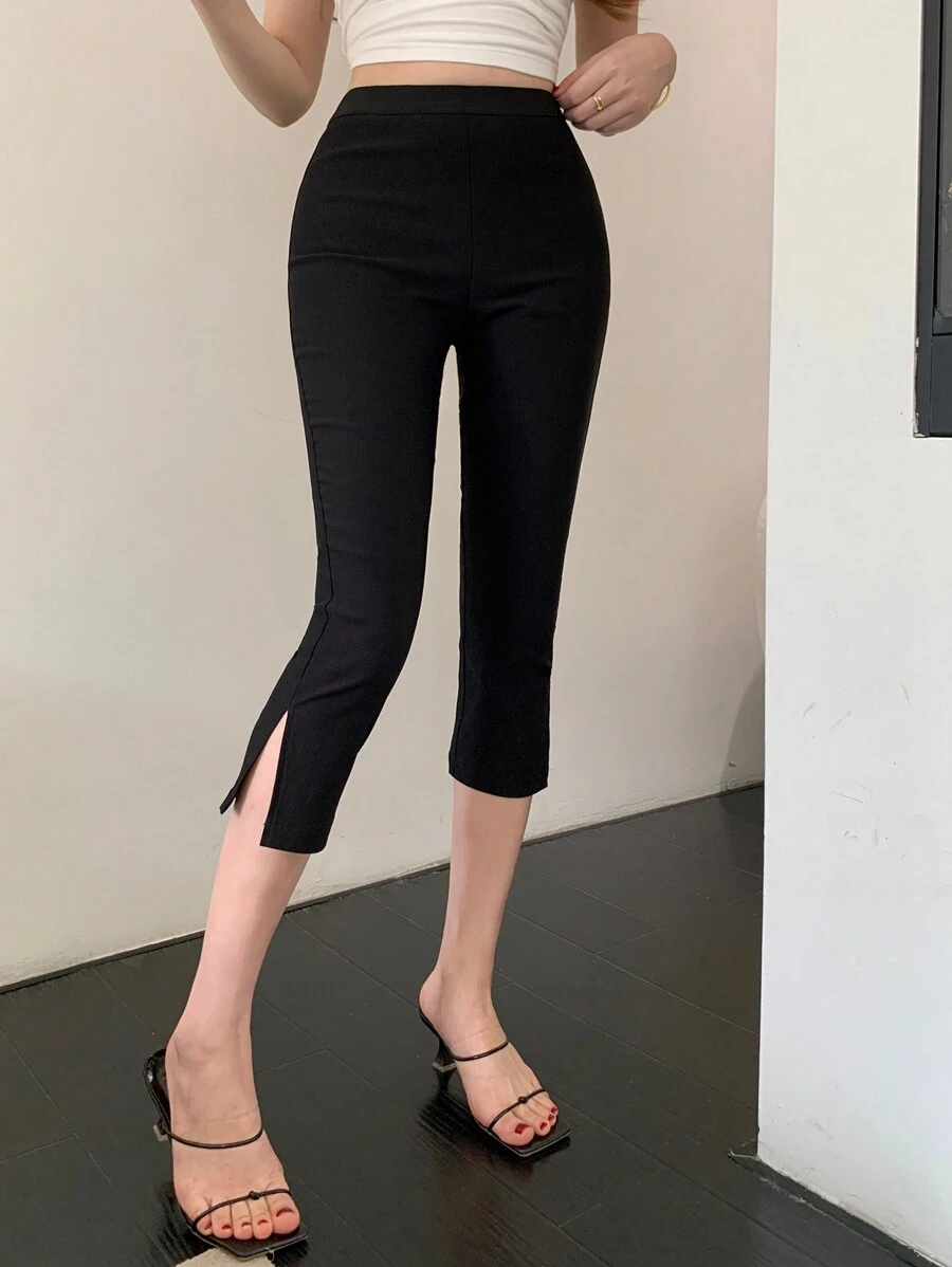DAZY Pantalones capri ajustados de unicolor, versátiles y casuales con abertura para otoño e invierno para mujer - Negro - Ver 1