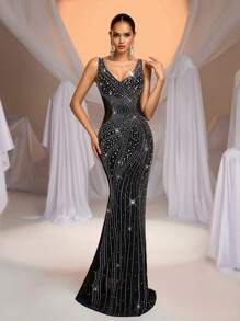 Aureia Elegant Black Luxury Handmade Hot Diamond Sexy Large Round Neck Waist Section Perspective Fishtail Skirt Drag Suitable For Valentine's Day Banquet Party Dinner Dress