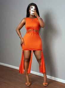 Slaydiva Nuevo estilo Vestido mini naranja casual y deportivo para mujer con cuello redondo, sin mangas, top de jersey con nudo y recorte - Naranja - Ver 7