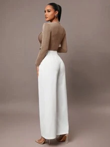 Silquee Women's Solid Color Olive Green Pleated Asymmetric Criss-Cross Long Sleeve Fitted Bodysuit, Stretch Knit, Classic Elegant Office & Casual Wear, Suitable For Autumn/Winter Layering Green Bodysuit Women Bodysuits Long Sleeve Bodysuit Green Body Suit - Khaki - View 3