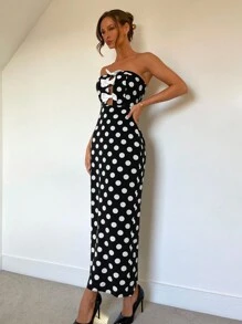 Chiquease Frauen Schwarz & Weiß Polka Punkt Trägerkleid mit Schlaufe, Ausschnitt und Schlitz, Frühling/Sommer - Schwarz - Übersicht 4