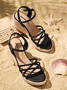 Styleloop Women's Fashion Black Skinny Strap Ankle Strap Jute Rope Wedge Platform Sandals, Suitable For Date, Party, Holiday - Black - View 2