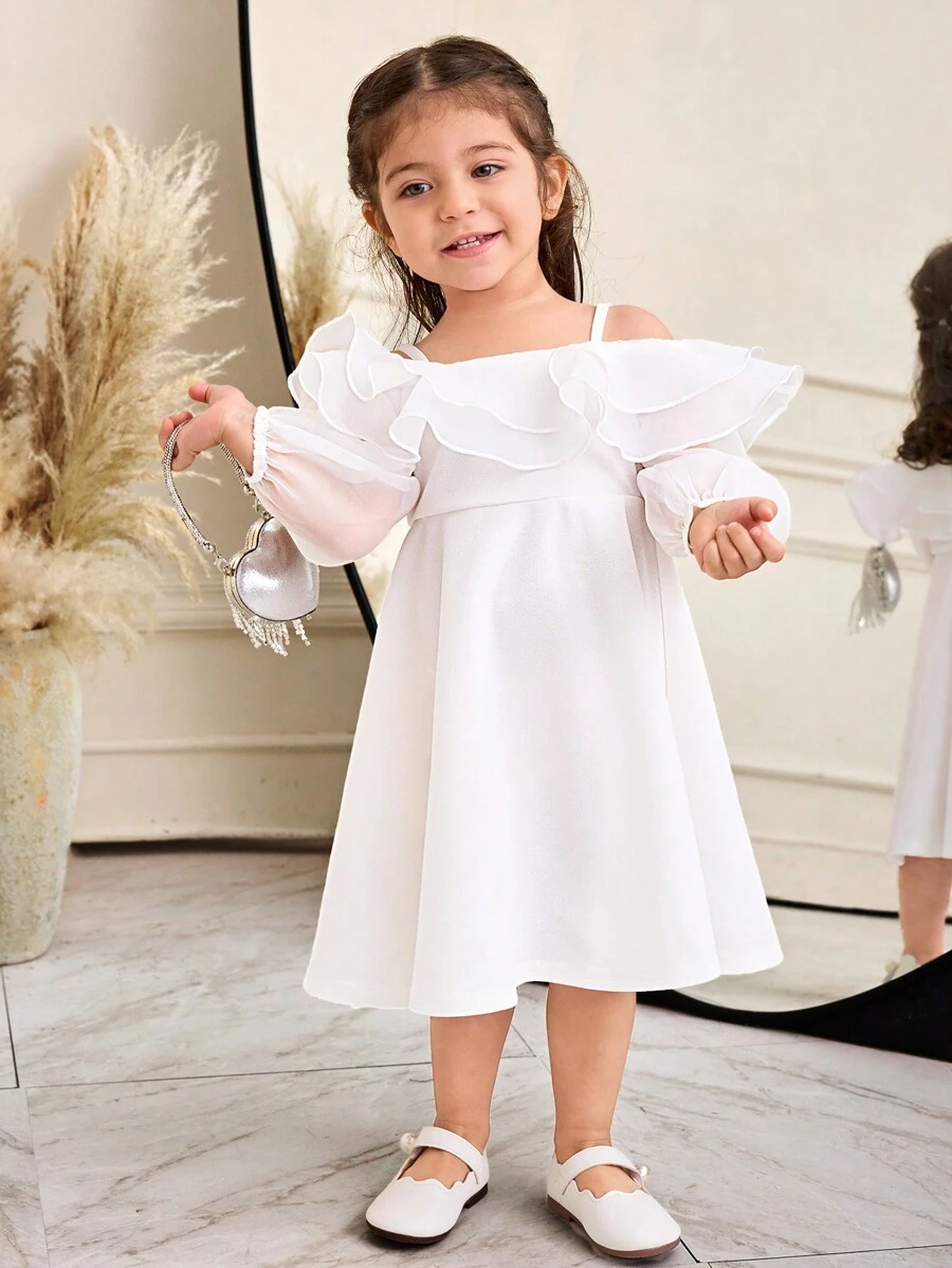 SHEIN Baby Girl Cute Layered Off Shoulder Palazzo Midi Dress - White - View 1