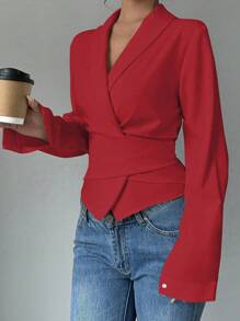 SHEIN PETITE 杏色 V 领系腰蝴蝶结优雅浪漫女士衬衫