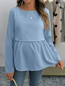 SHEIN 纯色圆领长袖简约哺乳上衣，休闲日常穿着 - 淺藍色 - 查看 3