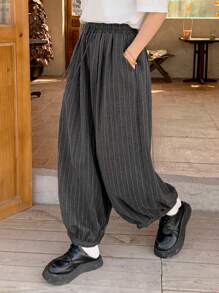 FRIFUL Women's Grey Striped Loose Cropped Pants, Spring Clothing - Grey - View 7