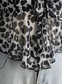 Soleia Plus Size Women Babydoll Top, Leopard & Floral Print Square Neck Tie-Up Long Sleeve Shirt, For Vacation, Graduation, Back To School Wear, Fall