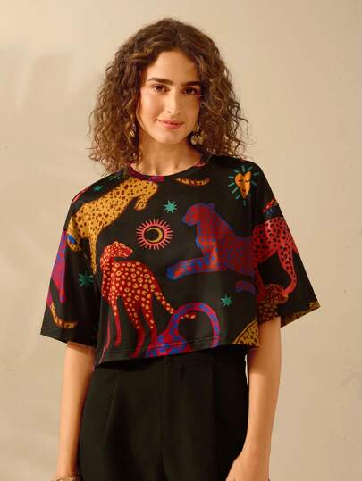 CAJUNI Women's Small Round Neck Half Sleeve Boho Tropical Color Leopard Black Print T-Shirt, Casual Holiday Summer Cut T-Shirt