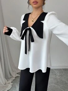 Modelyn 女士纯色对比色 V 领蝴蝶结长袖衬衫 - 杏色 - 查看 5