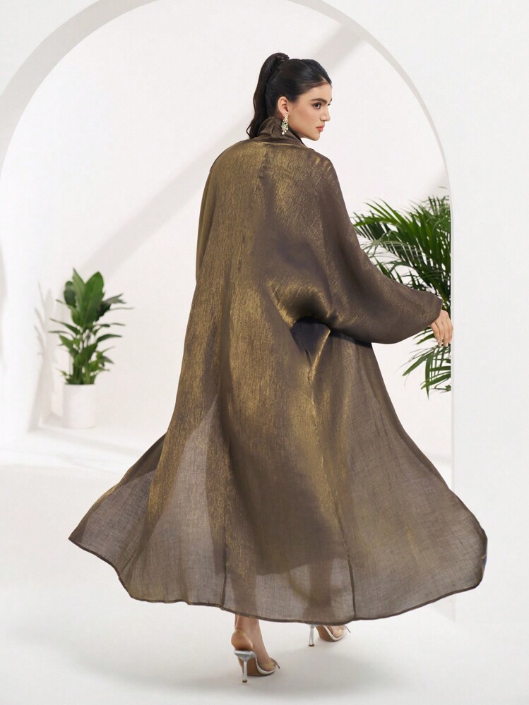 Al Najma 女士撞色金属灯笼袖阿拉伯长袍，端庄长袍 - 金色 - 查看 2