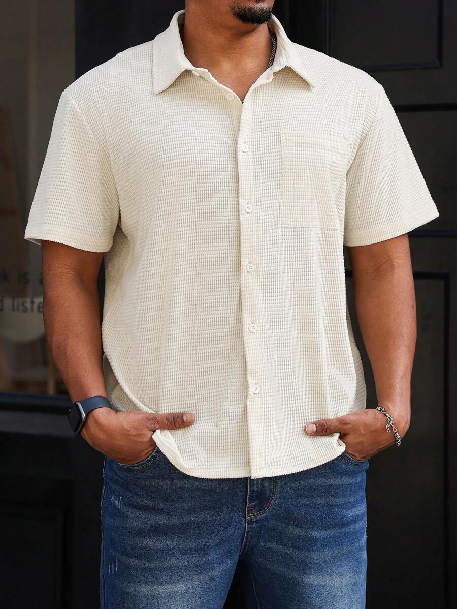 Manfinity Homme Plus Size Men's Casual Versatile Solid Color Short Sleeve Shirt - Apricot - View 1