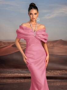 Glamrae Dây chuyền màu hồng thanh lịch và sang trọng với nơ phóng đại Đầm maxi đuôi cá cạp cao, Đầm dự tiệc cưới, Hoàn hảo cho các buổi hẹn hò, tiệc độc thân, đám cưới, sự kiện trang trọng, đầm dự tiệc, đầm dạ hội, váy dài - Bụi hồng - Xem 2