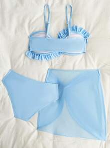SHEIN Tween Girls Bikini - Fashionable & Elegant Blue Swimsuit Set. Features Soft Knitted Fabric, Fully Lined Bikini Top With Lace Trim, And A Matching Wrap Skirt. A Stylish, Casual, And Exquisitely Detailed Three-Piece Design. Perfect For Swimming, Summer Vacations, Beach Trips, Pool Parties, And Holiday Getaways. - Baby Blue - View 2