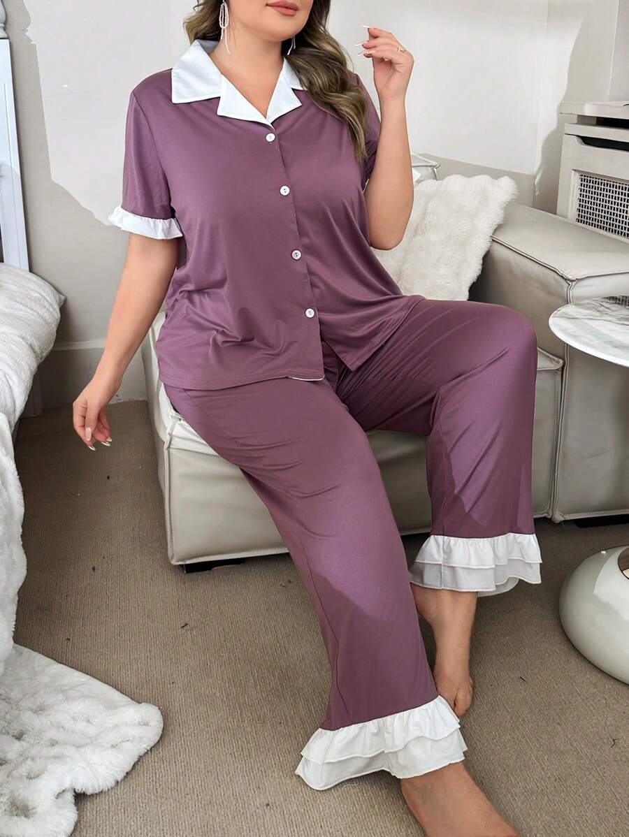 大码女式休闲纯色荷叶边短袖长裤睡衣套装