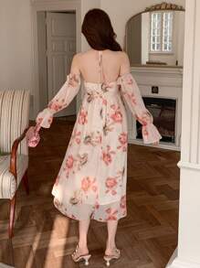 DAZY Floral Print Off Shoulder Ruffle Hem Midi Dress For Women,Fall Dress Long Sleeve Dress Boho Vacation Outfits Women - Pink - View 2