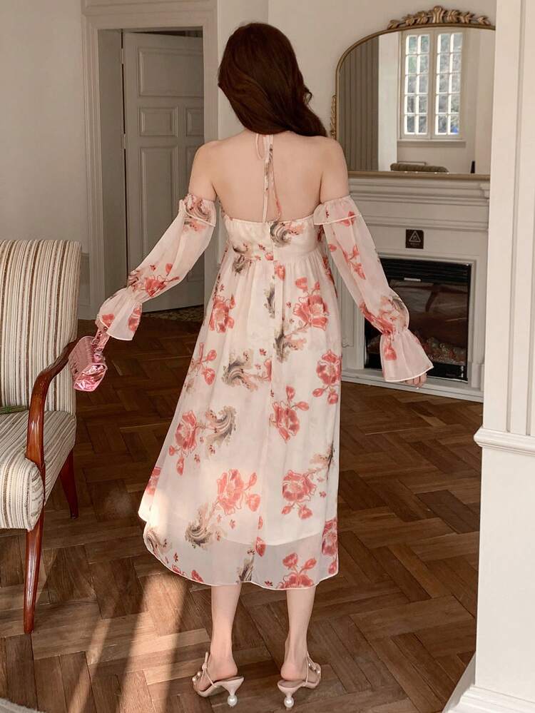 Floral Print Off Shoulder Ruffle Hem Midi Dress For Women,Fall Dress Long Sleeve Dress Boho