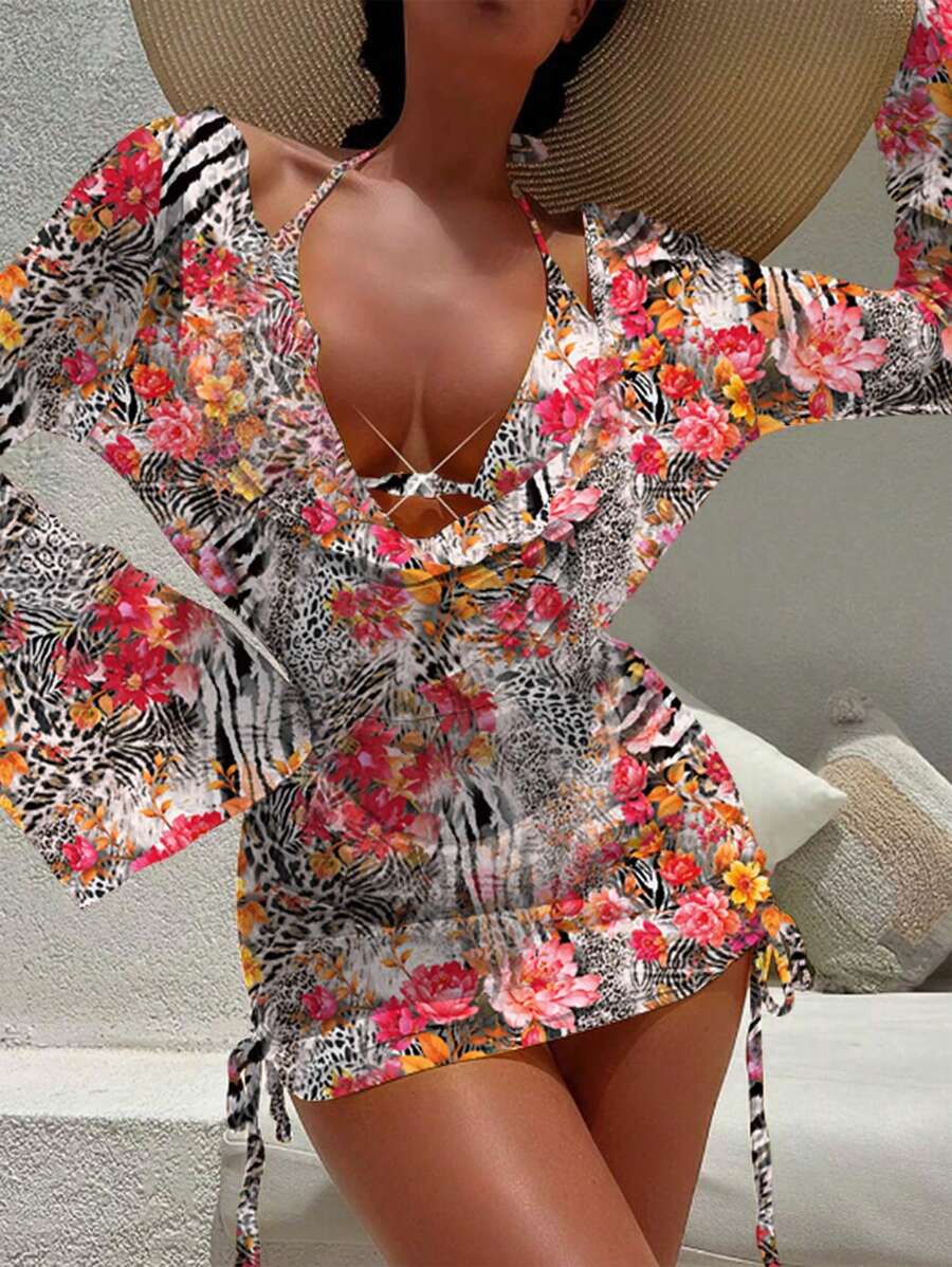 SHEIN Swim Tropical White Floral Print 3-Piece Swimwear Set With Beach Cover-Up Dress & Bikini Set,Summer,Casual,Pool Party,Vacation,Holiday For Beach - Multicolor - View 1