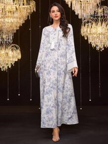 Al Najma Áo Kaftan dài truyền thống in hoa thanh lịch của Thổ Nhĩ Kỳ và Ả Rập dành cho nữ - Nhiều màu - Xem 2