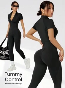 Dewbera Women's Solid Zip-Front Short Sleeve Jumpsuit