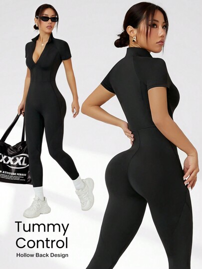 Easithlete Women's Solid Zip-Front Short Sleeve Jumpsuit