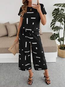 EMERY ROSE 2pcs Women's Round Neck Short Sleeve Printed Minimalist Top And Long Pants Set - Black - View 1
