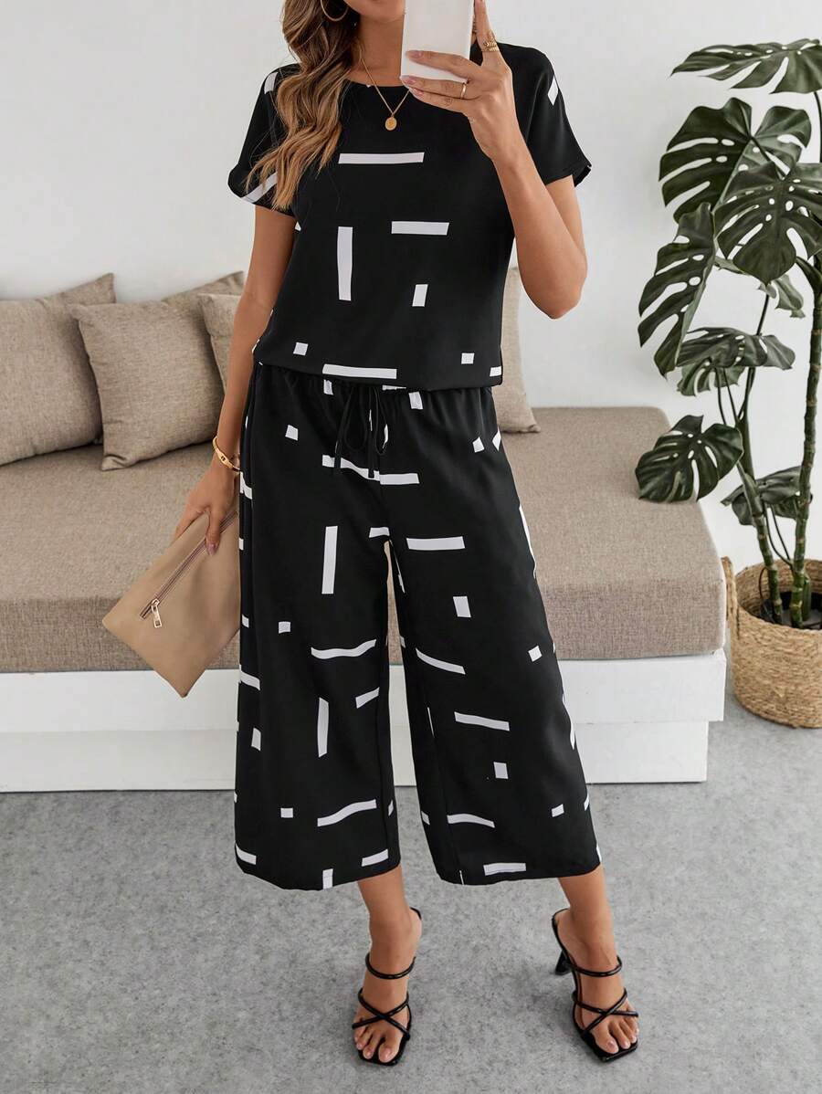 EMERY ROSE 2pcs Women's Round Neck Short Sleeve Printed Minimalist Top And Long Pants Set - Black - View 1
