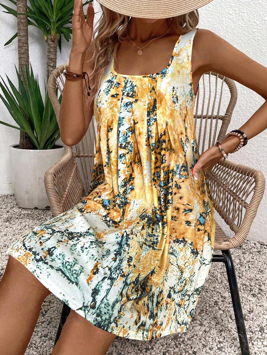 SHEIN LUNE Vestido plisado casual y ligero de mujer con estampado de rayas abstractas y efecto tie-dye, para primavera/verano