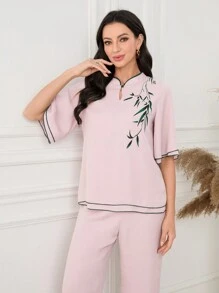 Lacomfia 2 pièces/Set Femmes Top casual imprimé col montant et pantalon long Ensemble