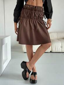 SHEIN Essnce Falda minimalista de moda casual de color liso para mujer - Café integral - Ver 2