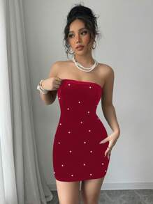 Elenzga Black Strapless Pearl Waist Velvet Material Elegant Romantic Women's Dress
