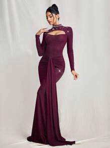 SHEIN Belle Women Knitted Hollow Beaded Waist Ruched Evening Dress, Formal Occasion, Wedding Guest Dress For Music Festival Spring/Summer, Party Dress - Purple - View 2