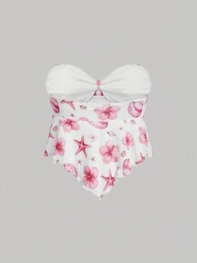 SHEIN MOD 正面蝴蝶结细节衬衫，带有花卉印花和荷叶边下摆，粉色、波西米亚风、浪漫、春天、热带、优雅、度假、飘逸、茶会、单身女郎、风骚、外出上衣