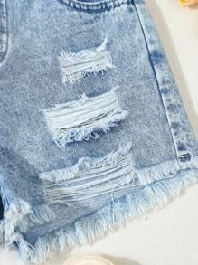 Tween Girls Y2K 风格破洞牛仔短裤，时尚街头时尚紧身修身浅洗蓝色休闲牛仔短裤，适合夏季日常穿着