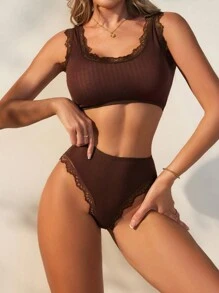 2pcs/Set Women Plain Lace Patchwork Simple Wireless Casual Bra Set - Coffee Brown - View 4