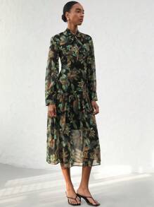 Aveloria Modichic Elegant Chiffon Contrast Color Floral Print Bowknot Waist Maxi Flared Dress For Women Fall Cloth For Women