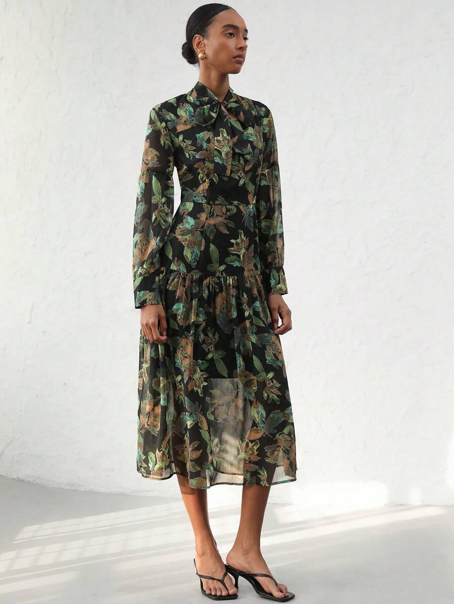 Aveloria Modichic Elegant Chiffon Contrast Color Floral Print Bowknot Waist Maxi Flared Dress For Women Fall Cloth For Women