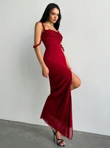 Aloruh 女士优雅纯色酒红色复古性感荷叶边细肩带连衣裙，适合约会、下午茶、舞会、派对、情人节、情人节服装、女士连衣裙、优雅连衣裙、女士节日服装、女士夏季服装、女士红色连衣裙、女士生日连衣裙 - 紅色 - 查看 5