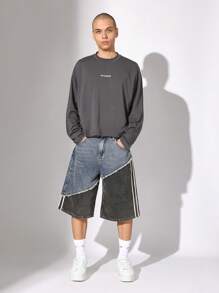 SUMWON Camiseta de manga larga oversize con estampado de texto básico, ropa urbana de calle, casual, de mezcla de algodón, cómoda para usar a diario en otoño e invierno - Gris - Ver 3