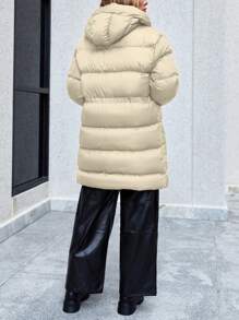 EURMUSE Flap Pocket Drawstring Waist Hooded Puffer Coat - Beige - View 2