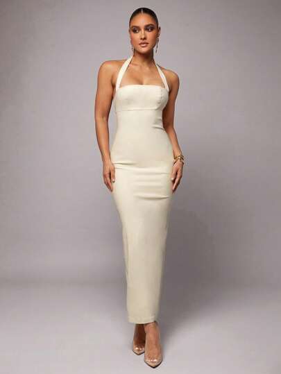 Silquee Solid Color Cream Romantic Valentine's Day & Date Night Vacation Women's Linen Color Pleated Hem Halter Dress, Valentine's Day Dress, Twill Party Dress, Romantic Date Dress, Wedding Bridesmaid Maxi Dress, Formal Ball Gown Dress, Casual Work Dress, White Dress, Birthday Maxi Dress, Vacation Dress,Sexy Office Wear,Old Money,Festival Outfits,Summer Classic,Old Money Style Maxi Dress,Twill Maxi Dress,Casual Office Maxi Dress,Linen Color Dress