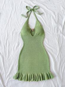 Soleia Women's Resort Moss Green Halter Backless Hollow Out Ruffled Mini Dress With Metal Buckle Decor - Green - View 5