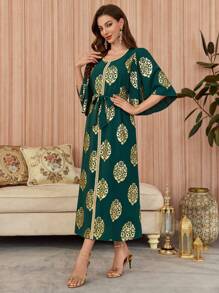 Al Najma Women's Solid Color Patchwork Print Casual Long Arabian Dress Kaftan Jalabiya Dress - Green - View 6