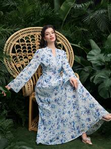 Al Najma 女式 V 领长袖花卉印花休闲阿拉伯连衣裙 - 藍色 - 查看 6