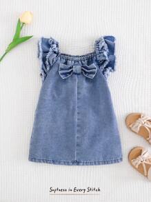 Cozy Pixies Vestido de mezclilla sin mangas con cuello cuadrado y volantes para bebé niña - Azul - Ver 3