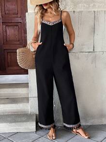 Women's Minimalist Black Elegant Comfortable Loose Jumpsuit Strap Romper For Vacation - Black - View 3