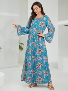 Lacomfia Vintage Floral Print Loose Crew Neck Side Split Gold Embroidery Long Sleeve Dress