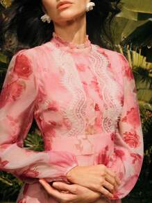 Anewsta 法式粉红玫瑰花卉蕾丝拼接长袖 A 字裙，优雅的春季、度假、复活节、早午餐装扮 - 粉色 - 查看 2