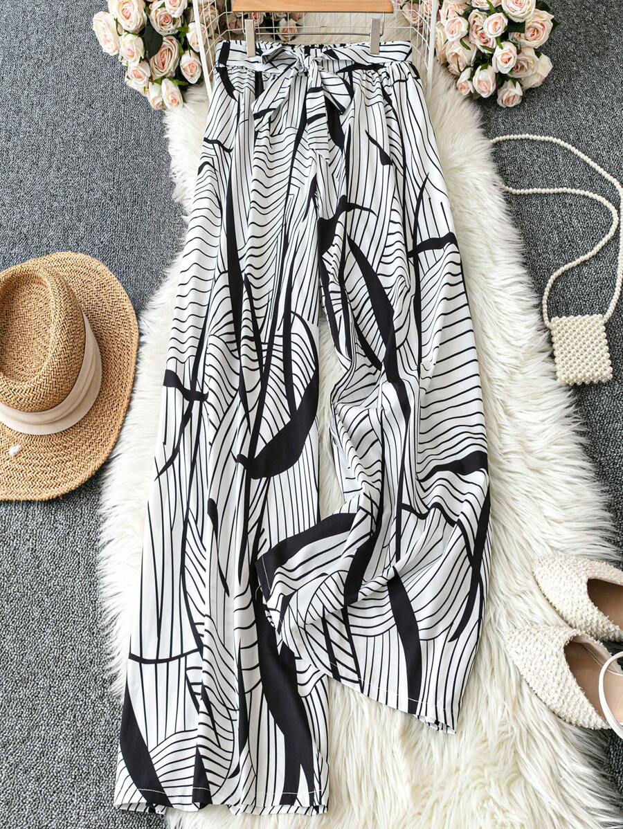 SHEIN LUNE Pantalon large décontracté à imprimé rayé pour grandes tailles - Noir et Blanc - Voir 1