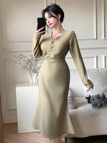 DAZY Vestido midi asimétrico drapeado liso para mujeres