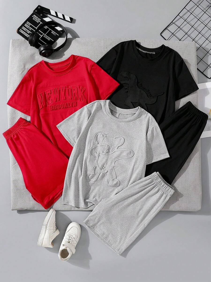 SHEIN Plus Size Toddler Boys Daily Casual Cute Spider, Bear, Dragon 3D Print Short Sleeve T-Shirt & Shorts 2pcs Set, Multi-Colors